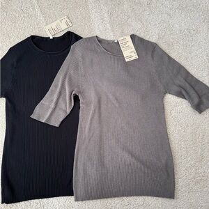 Muji Ribbed Short-Sleeve Knit Top Set - Black & Gray (size M)